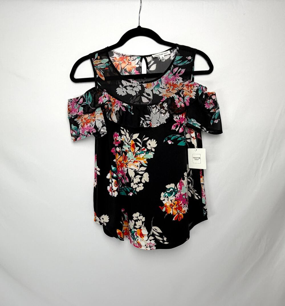 PerSeption Concept Womens S Black Floral Cold Shoulder Ruffle Blouse Top NWT